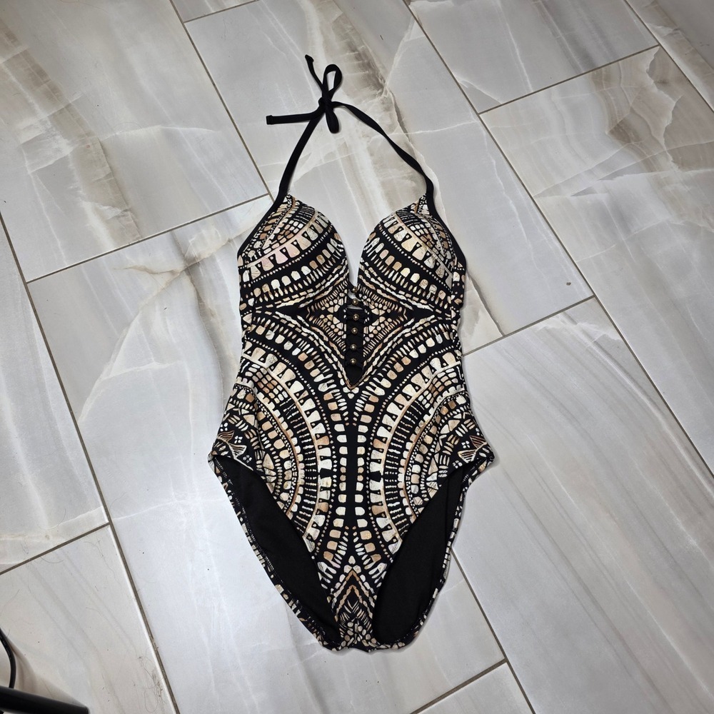 Kenneth Cole New York Women Tribal Geometric One Piece Swimsuit Black Gold Small